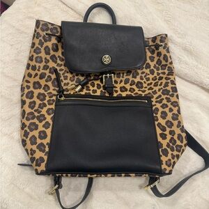 Leopard Print and Black Leather Tory Burch Backpack